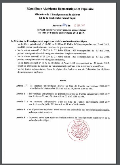 Calendrier des vacances universitaires de lannée universitaire 2018 2019